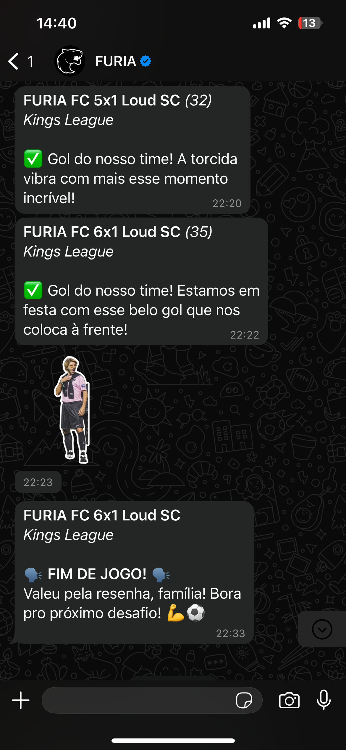 Exemplo de acompanhamento de jogos ao vivo no WhatsApp