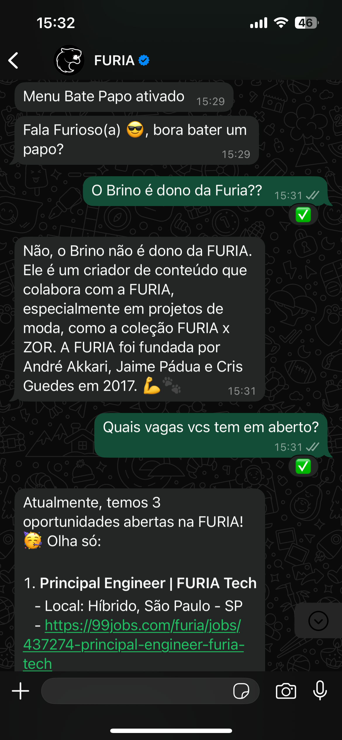Chat da FURIA no WhatsApp