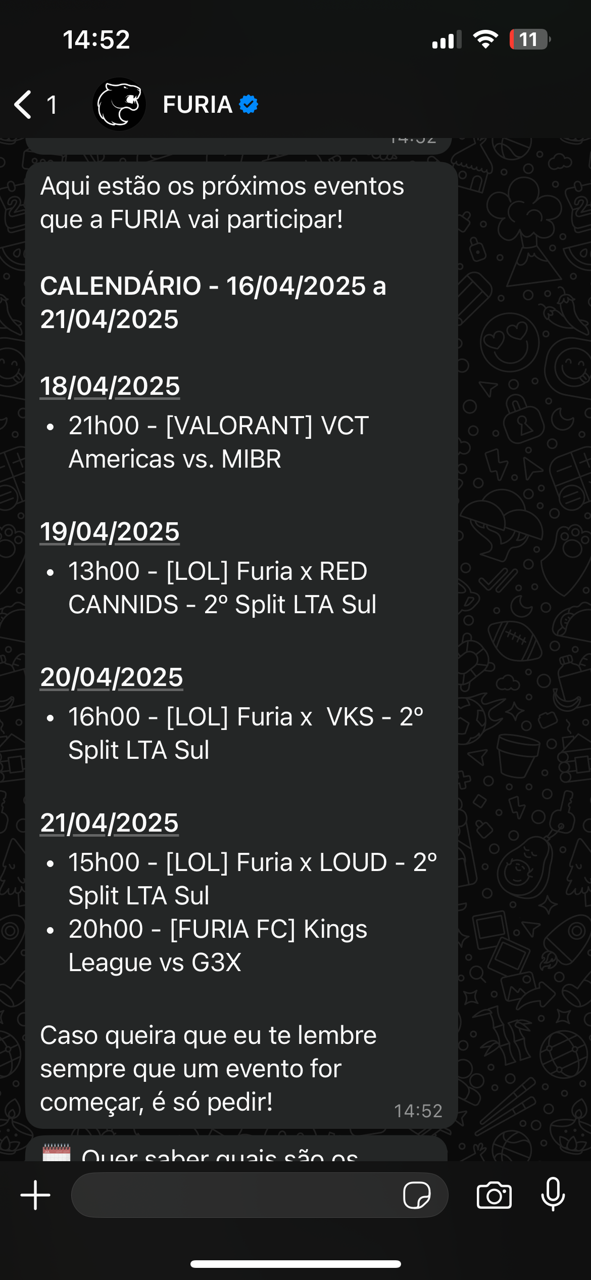 Calendário de jogos da FURIA no WhatsApp