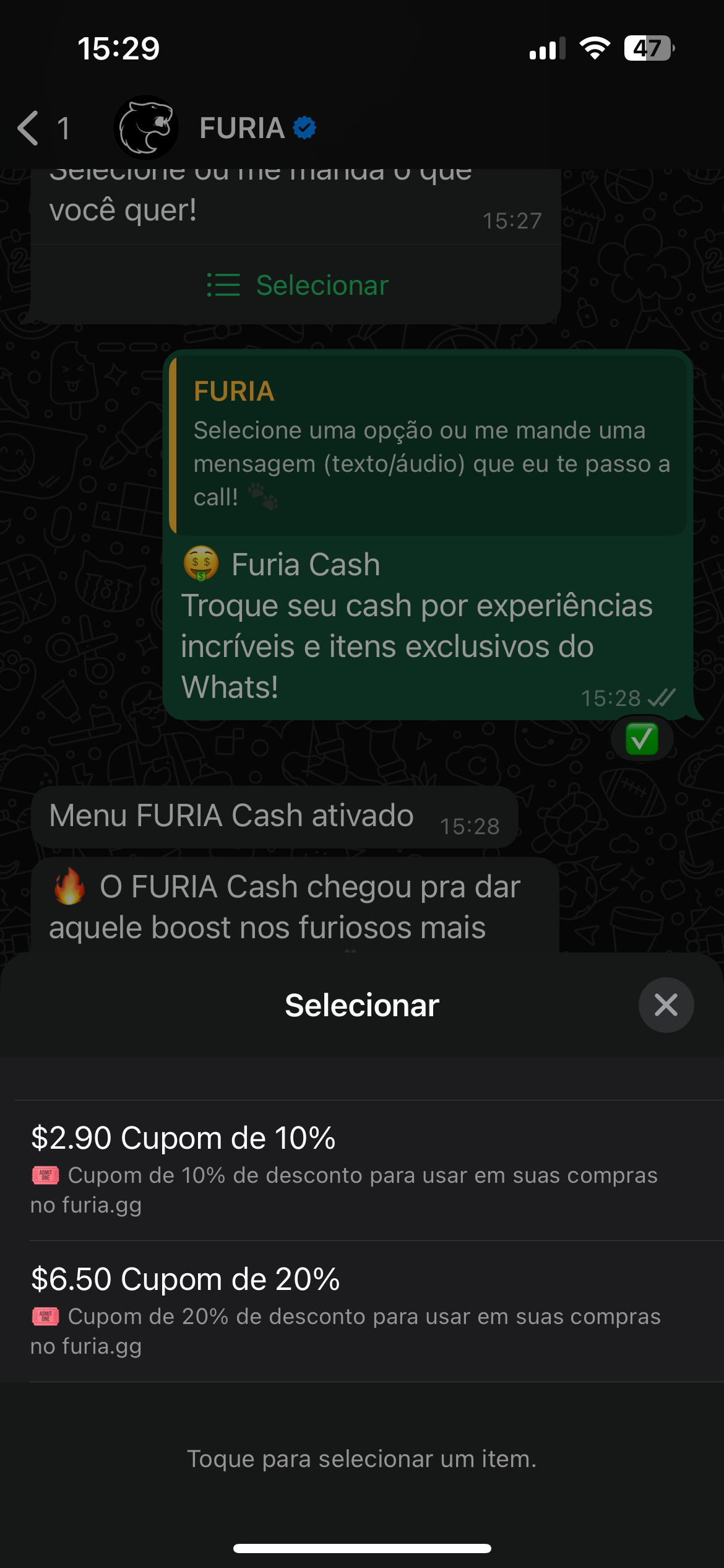 FURIA Cash rewards no WhatsApp