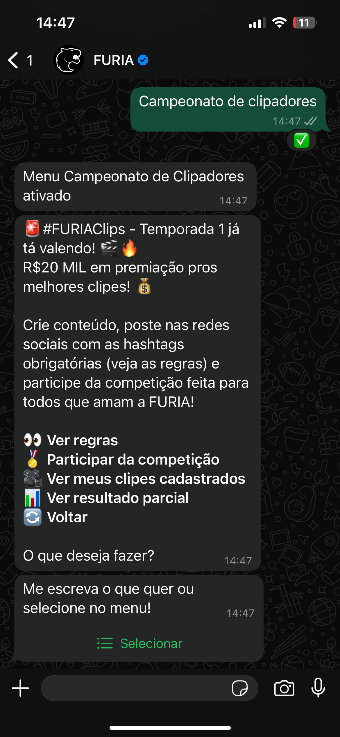 Menu do Campeonato de Clipadores no WhatsApp