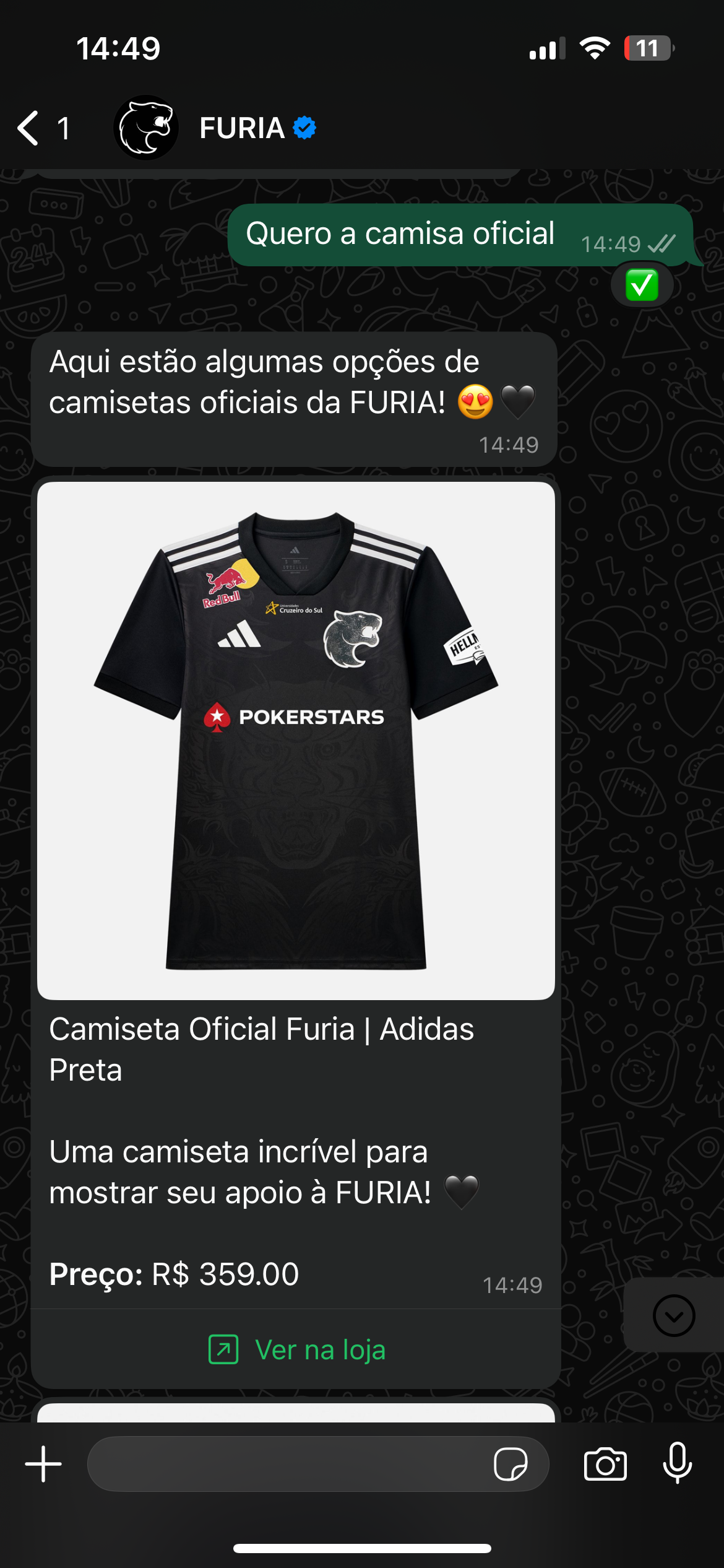 Produto da lojinha da FURIA no WhatsApp