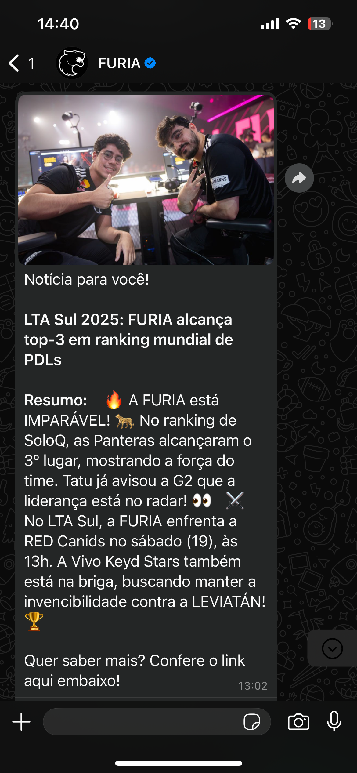 Notícia sobre a FURIA no WhatsApp